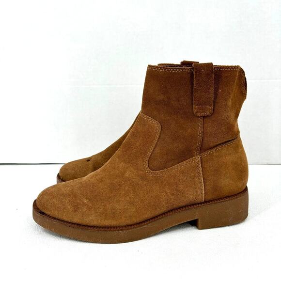 Lucky Brand Ankle Bootie Size 9 Camel Tan Suede Leather Pull On Rhetty Boots - Picture 4 of 11